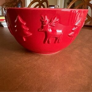 Festive Red Holiday Bowl with Reindeer and Trees